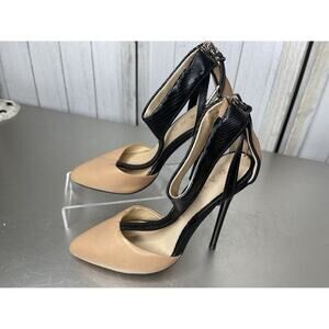 L.A.M.B Gwen Stefani Black Beige Leather Serena T-Strap Pumps Size 5.5